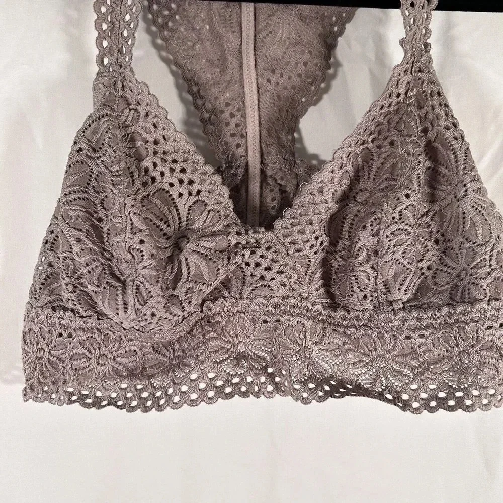 aerie Bralette Women's Large Dark Pink Floral Lace Open Knit Straps Pull On